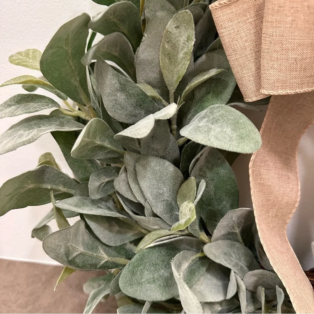 Faux Eucalyptus Lambs Ear Wreath Burlap Bow - Green Soft Silvery Greenery 23”